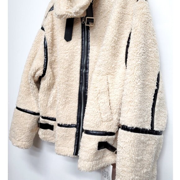 NWT Tankaneo Sherpa Moto Leather Patchwork Zip Up Coat XL - Picture 8 of 15